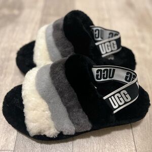 UGG Black and Gray Fluffy Slippers